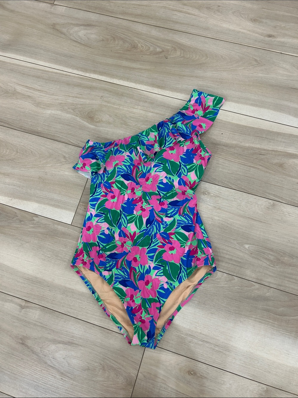 J. Crew One-Shoulder Floral One-Piece Swimsuit in Pink, Blue, and Green